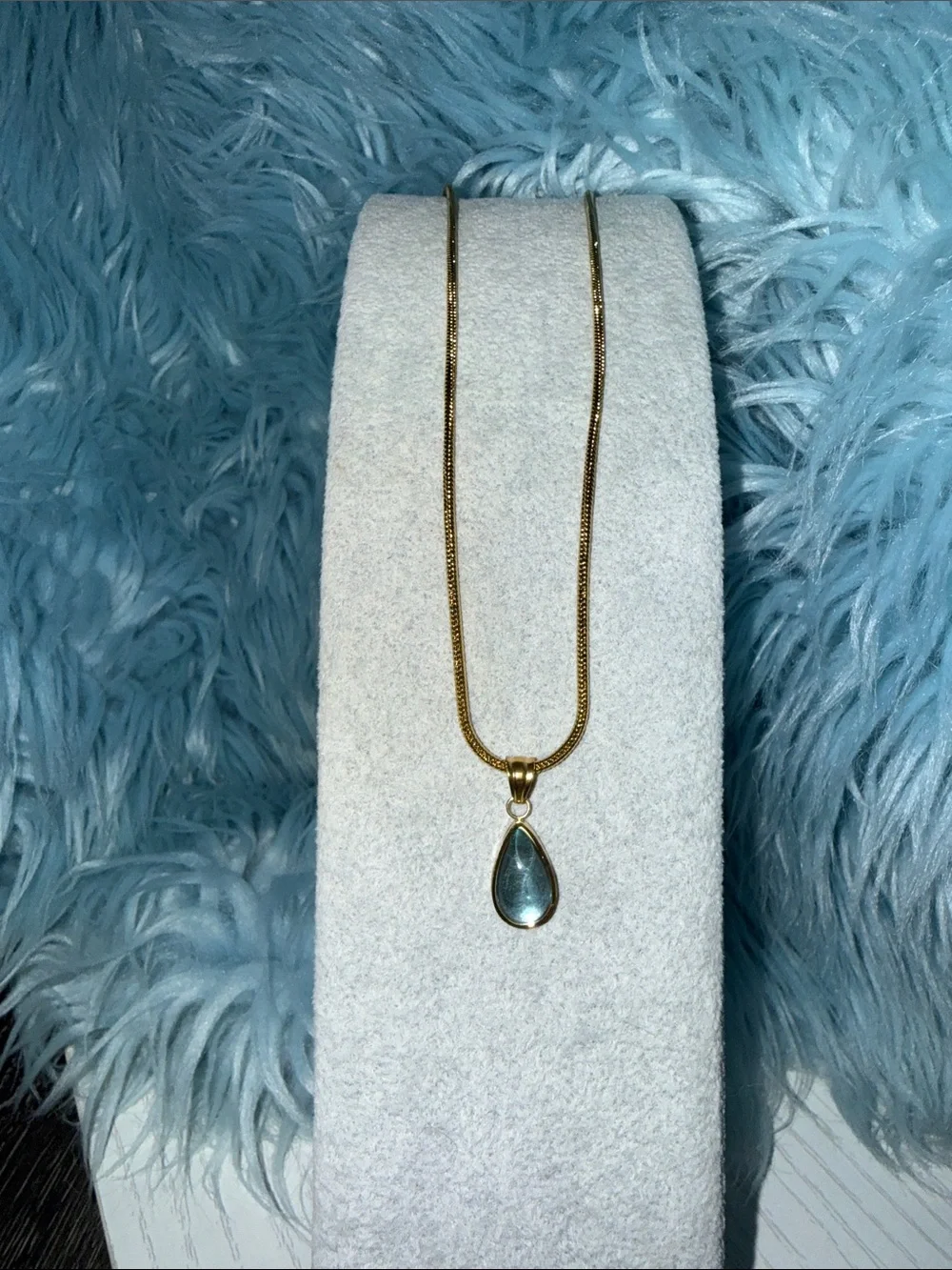 Gold Teardrop Necklace with Blue Stone Pendant